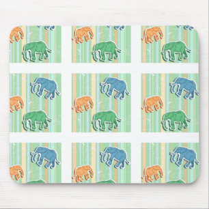 Elephant Pattern On Green Stripes Mouse Pad