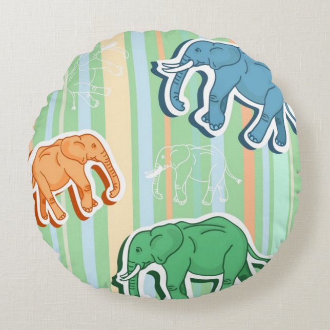Elephant Pattern On Green Stripes Round Cushion (Front)