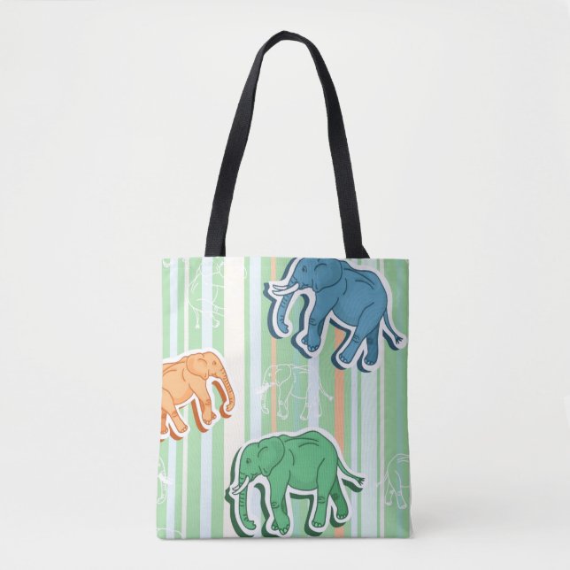 Elephant Pattern On Green Stripes Tote Bag (Front)