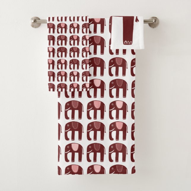Elephant Pattern Red Pink Bath Towel Set (Insitu)