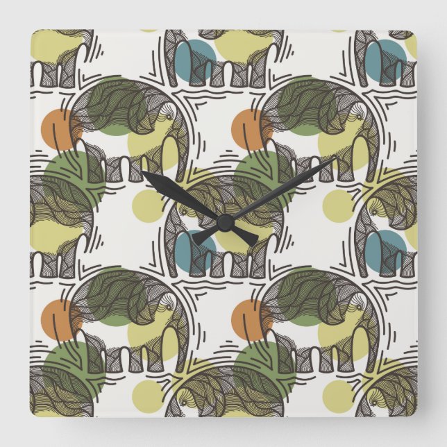 Elephant Pattern Square Wall Clock (Front)