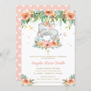 Elephant Peach Pink Floral Baptism Christening Invitation