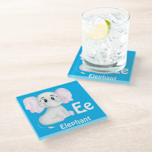 Elephant personalise ABC: Letter E - Add Your Name Glass Coaster