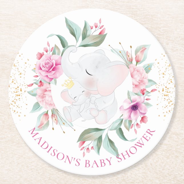 Elephant Personalised Girl baby shower Round Paper Coaster (Front)