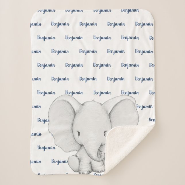 Elephant Personalized Navy Blue Name Boy Sherpa Blanket (Front)