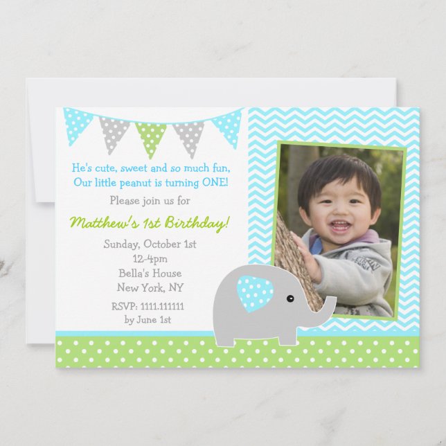 Elephant Photo Birthday Party Invitations for Boy (Front)