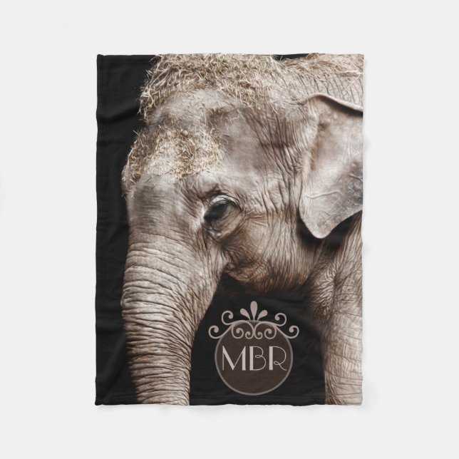 Elephant Photo Image Monogram Fleece Blanket (Front)