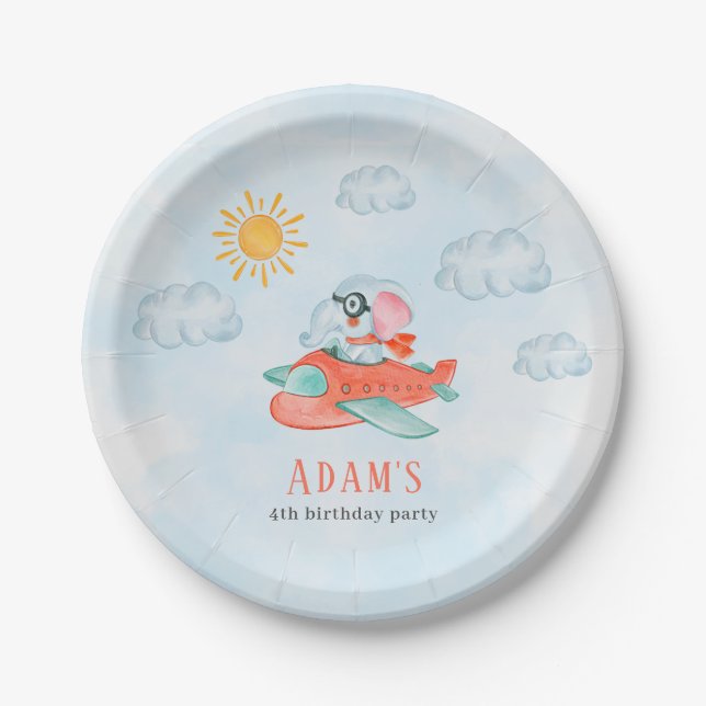 Elephant Pilot Birthday party Paper Plate (Front)