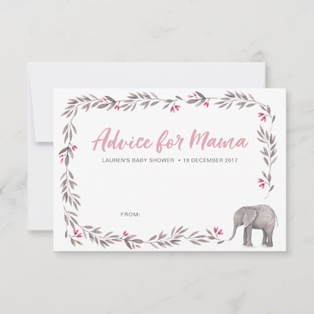Elephant pink and grey Baby Shower Advice Cards (Front)