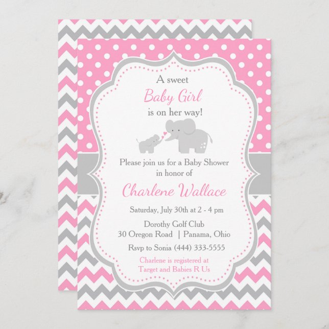 Elephant Pink and Grey Baby Shower Invitation (Front/Back)