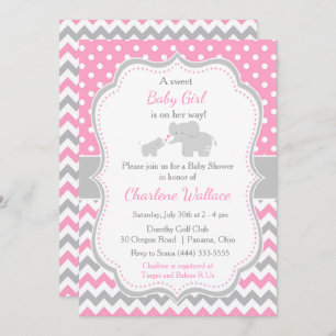 Elephant Pink and Grey Baby Shower Invitation