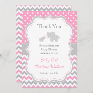 Elephant Pink and Grey Baby Shower Thank You Card