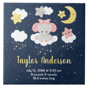 Elephant Pink and Navy Baby Birth Statistics Ceramic Tile
