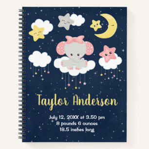 Elephant Pink and Navy Baby Birth Statistics Notebook