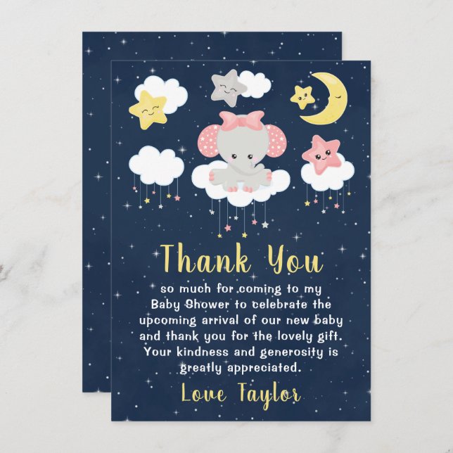 Elephant Pink and Navy Baby Shower Thank You Card (Front/Back)