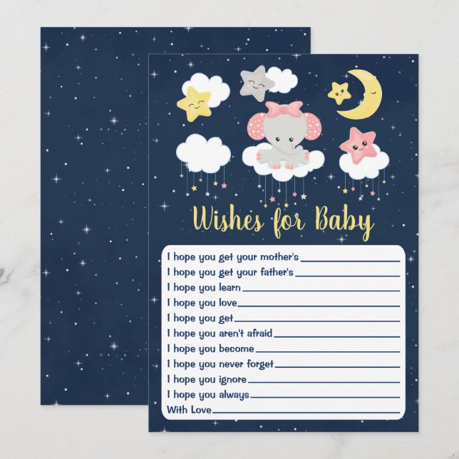 Elephant Pink and Navy Baby Shower Wishes For Baby Invitation (Front/Back)