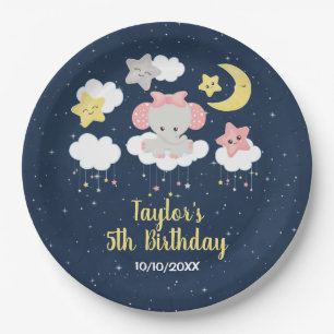 Elephant Pink and Navy Birthday Party Paper Plate