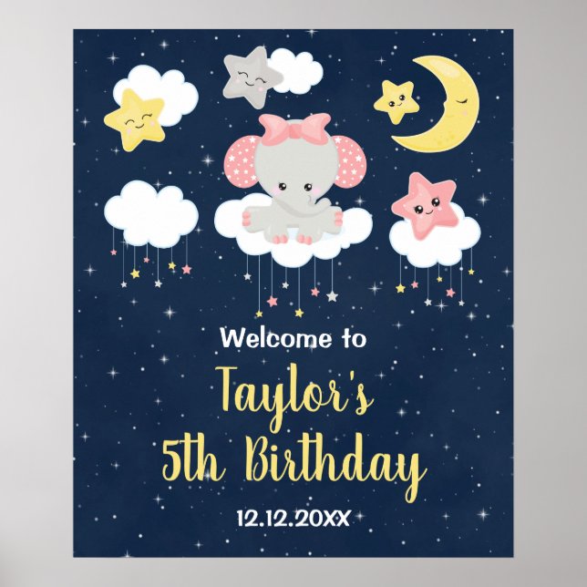 Elephant Pink and Navy Birthday Party Welcome Poster (Front)