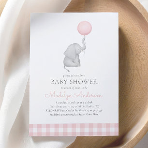 Elephant Pink Balloon Girl Baby Shower Invitation