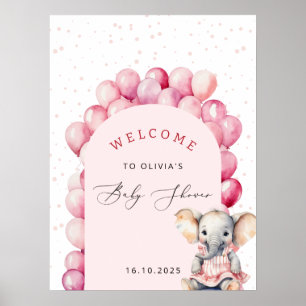 Elephant Pink Balloon Girl Baby Shower Welcome Poster