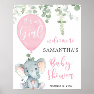 Elephant pink balloon girl baby shower welcome poster