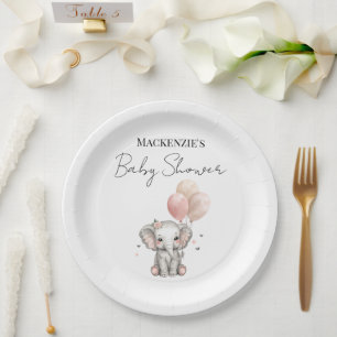 Elephant & Pink Balloons Girl Baby Shower Paper Plate