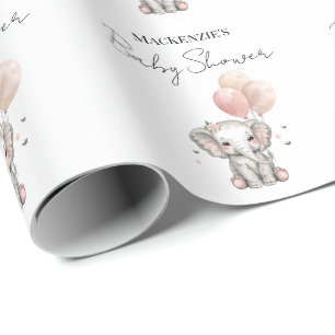 Elephant & Pink Balloons Girl Baby Shower Wrapping Paper