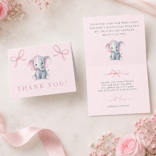 Elephant Pink Bow Baby Girl Shower Thank You Card