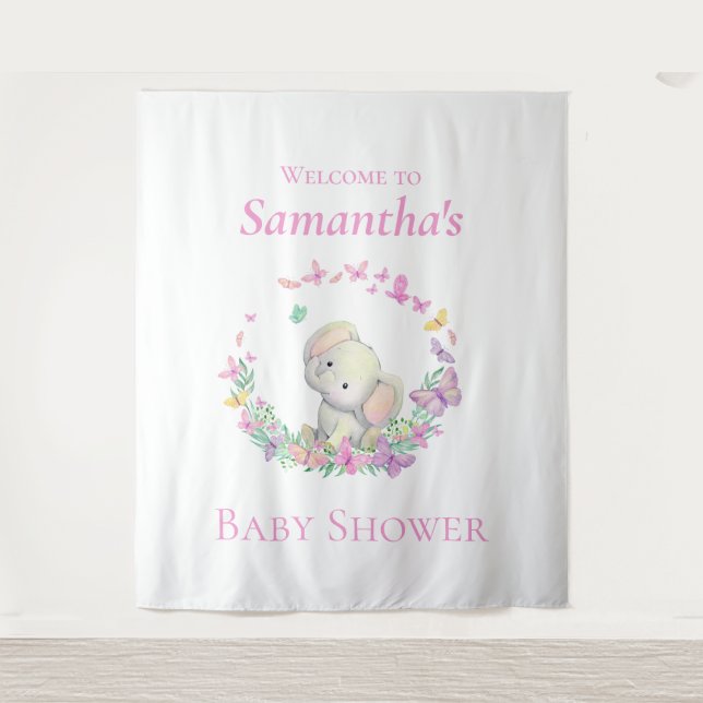  Elephant Pink Butterflies Baby Shower Backdrop Tapestry (Front)