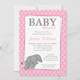 Elephant Pink Dots Girl Baby Shower Invitation