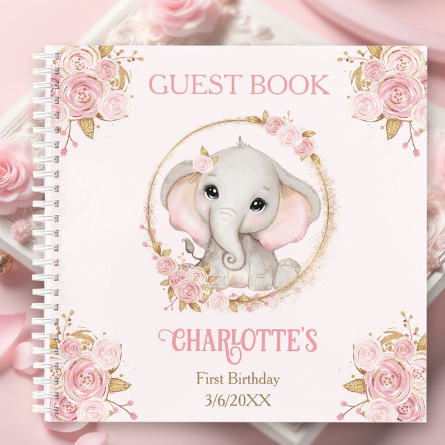 Elephant Pink Floral 1st Birthday Name Guest Book (Elephant Pink Floral 1st Birthday Name Guest Book)