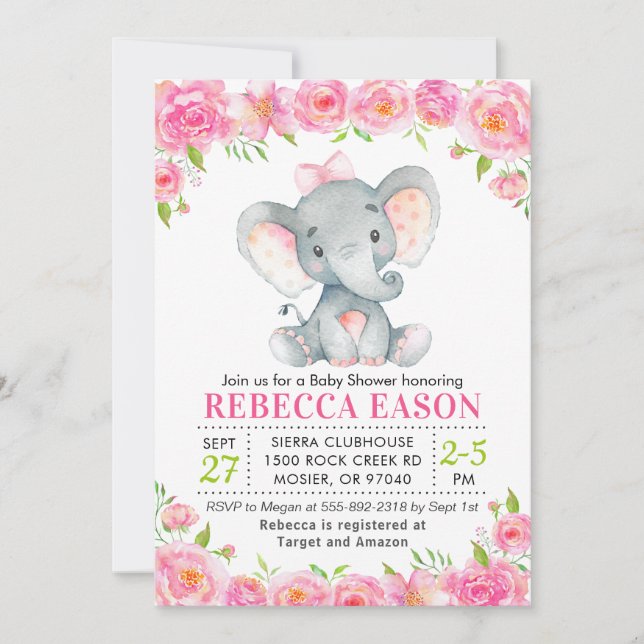 Elephant Pink Floral Baby Girl Shower Sprinkle Invitation (Front)