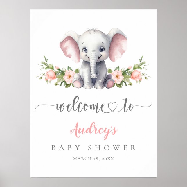 Elephant Pink Floral Baby Girl Shower Welcome Poster (Front)