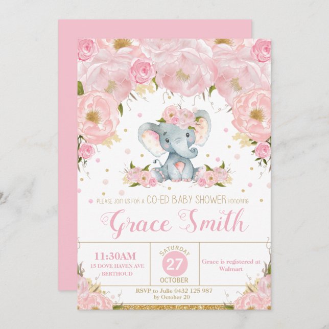 Elephant Pink Floral Co-Ed Baby Shower Girl Invitation (Front/Back)