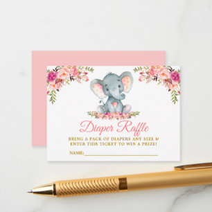 Elephant Pink Floral Diaper Raffle Shower Gold Enclosure Card