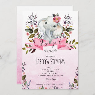 elephant pink floral girl baby shower invitation