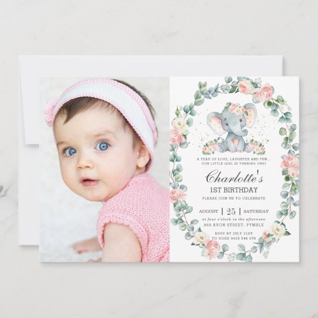 Elephant Pink Floral Greenery 1st Birthday Photo Invitation (Front)
