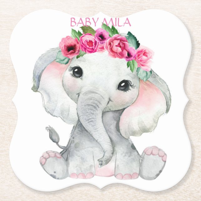 Elephant pink girl baby shower favor paper coaster (Front)