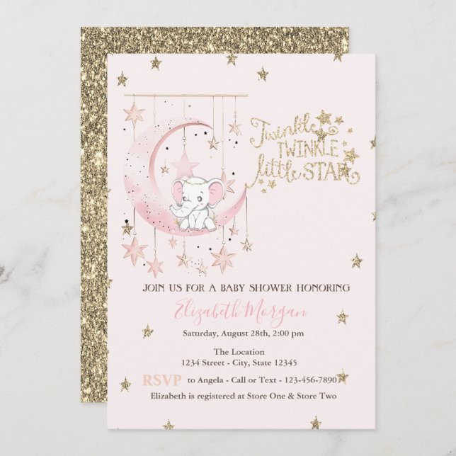 Elephant Pink Moon,Twinkle Star Baby Shower Invitation (Front/Back)