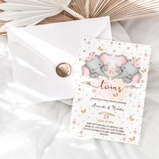 Elephant Pink Twin Girls Baby Shower Invitation (Creator Uploaded)