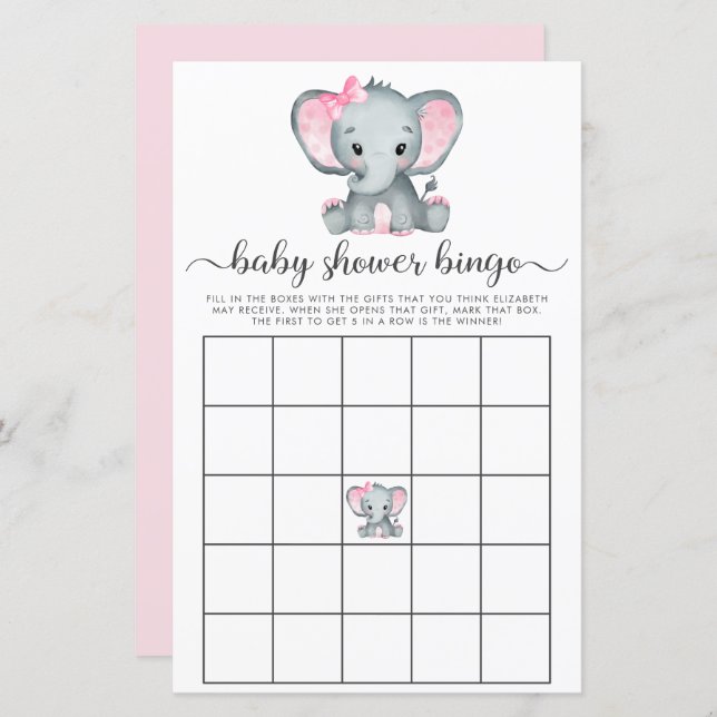 Elephant Pink Watercolor Baby Bingo Shower Game (Front/Back)