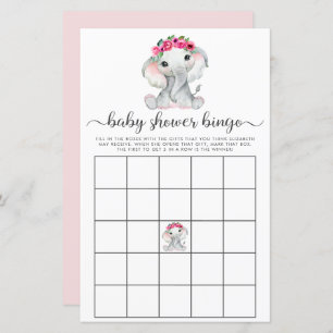 Elephant Pink Watercolor Bingo Baby Shower Game