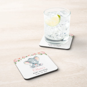 Elephant, Pink Watercolor Flowers, Baby Shower Coaster