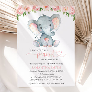 Elephant, Pink Watercolor Flowers, Baby Shower Invitation