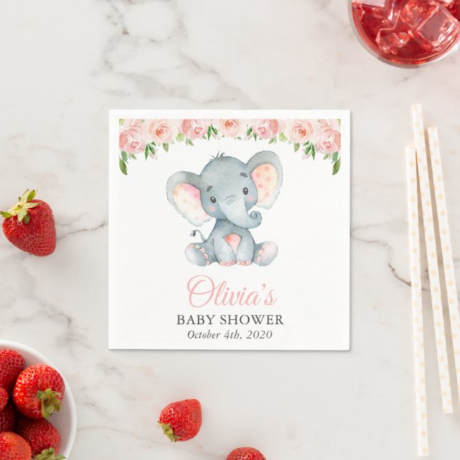 Elephant, Pink Watercolor Flowers, Baby Shower Napkin (Insitu)