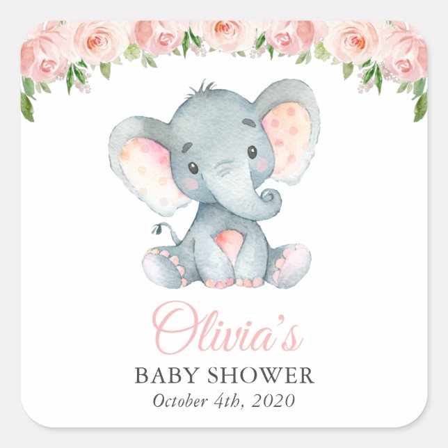 Elephant, Pink Watercolor Flowers, Baby Shower Square Sticker (Front)