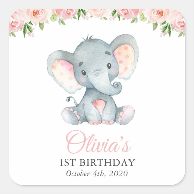 Elephant, Pink Watercolor Flowers, First Birthday  Square Sticker (Front)
