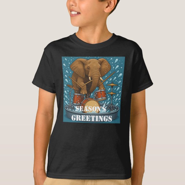  Elephant playing drums splashing water summer boy T-Shirt (Front)