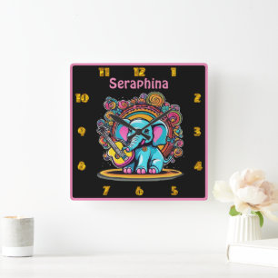 Elephant playing guitar in a whimsical scene square wall clock