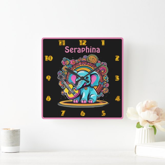 Elephant playing guitar in a whimsical scene square wall clock (Home)